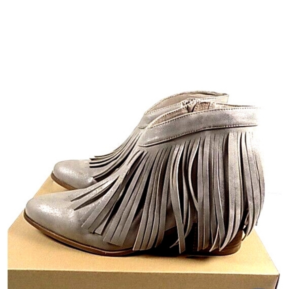 London Rag Western Metallic Grey Fringe Bohemian Block Heel Ankle Bootie